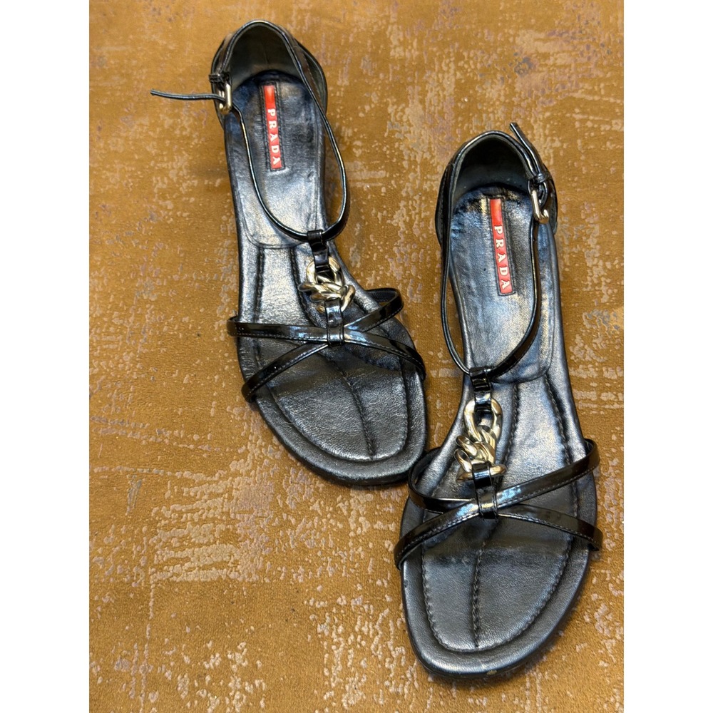 Prada Black Patent Leather Chain Wedge Sandals Strappy Low Heel Made in Italy
